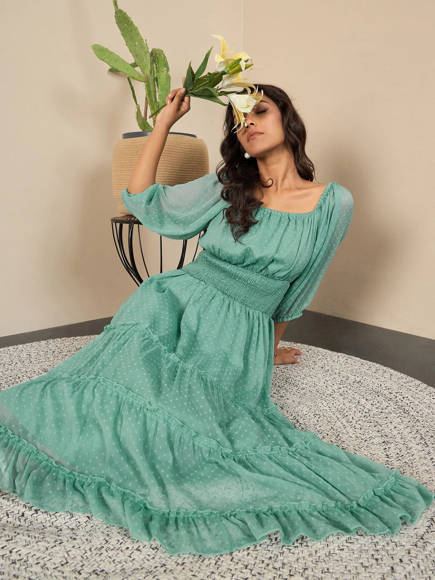 Green Polyester Lycra Peplum Style Maxi Dress