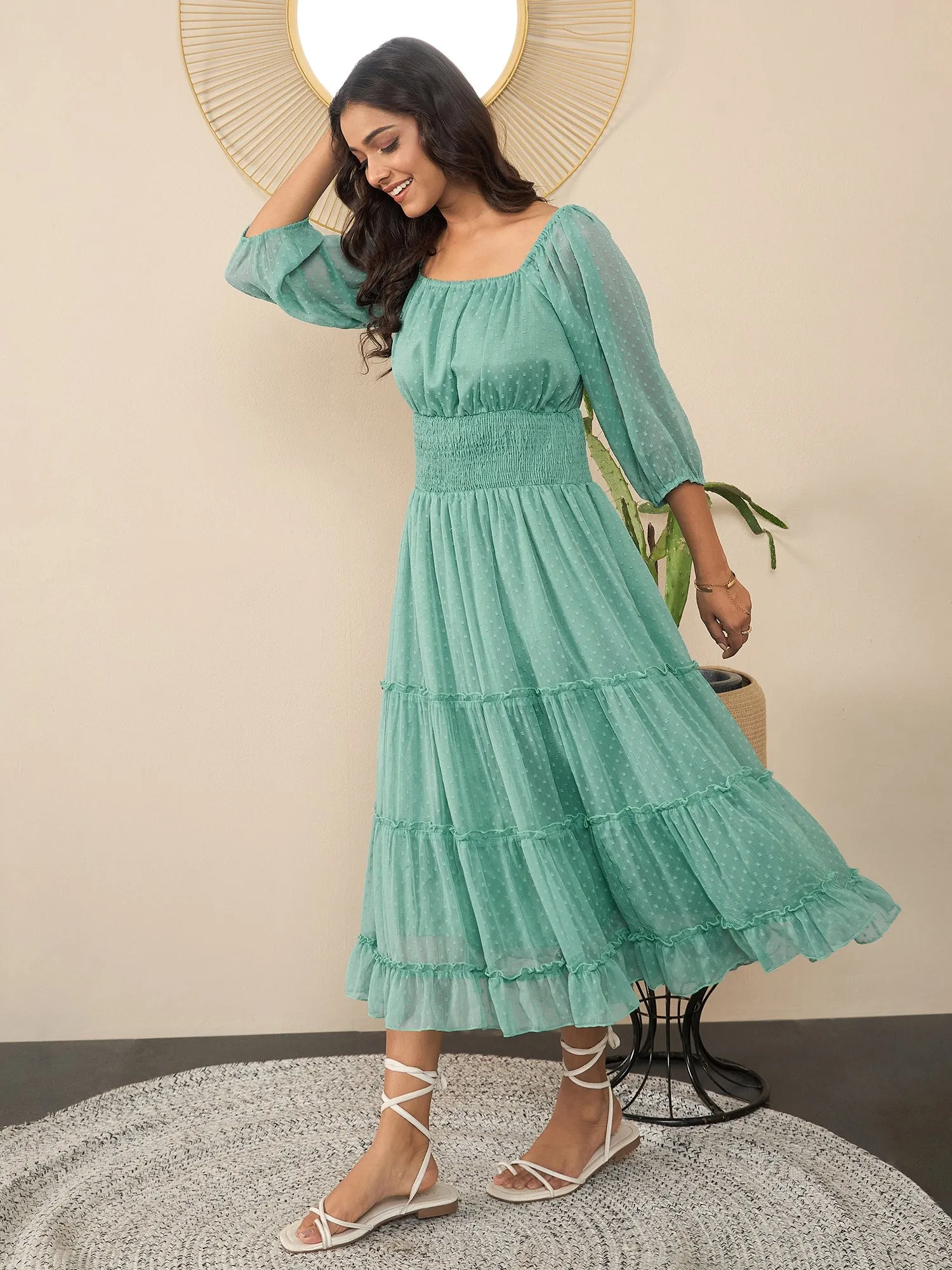 Green Polyester Lycra Peplum Style Maxi Dress