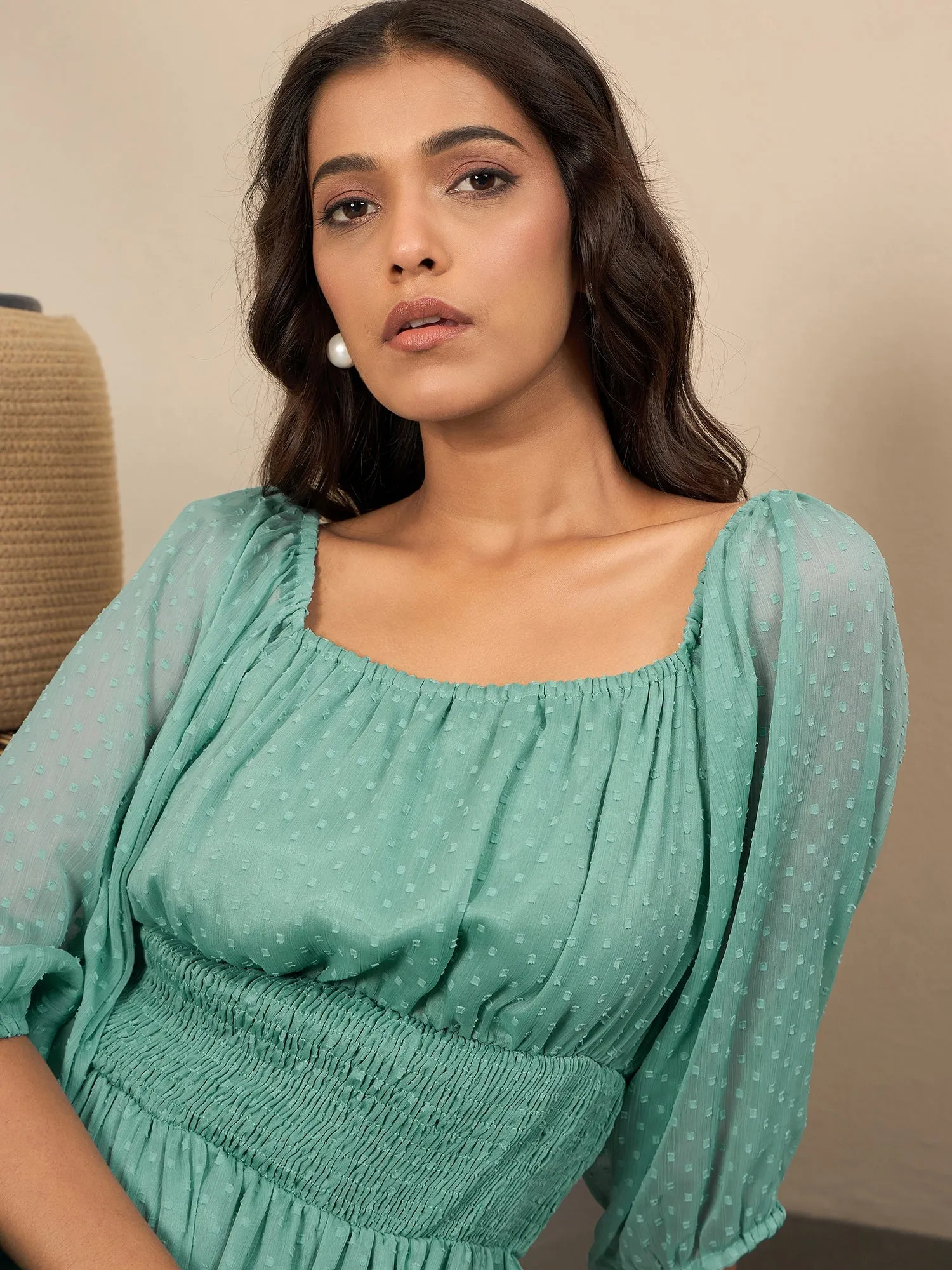 Green Polyester Lycra Peplum Style Maxi Dress