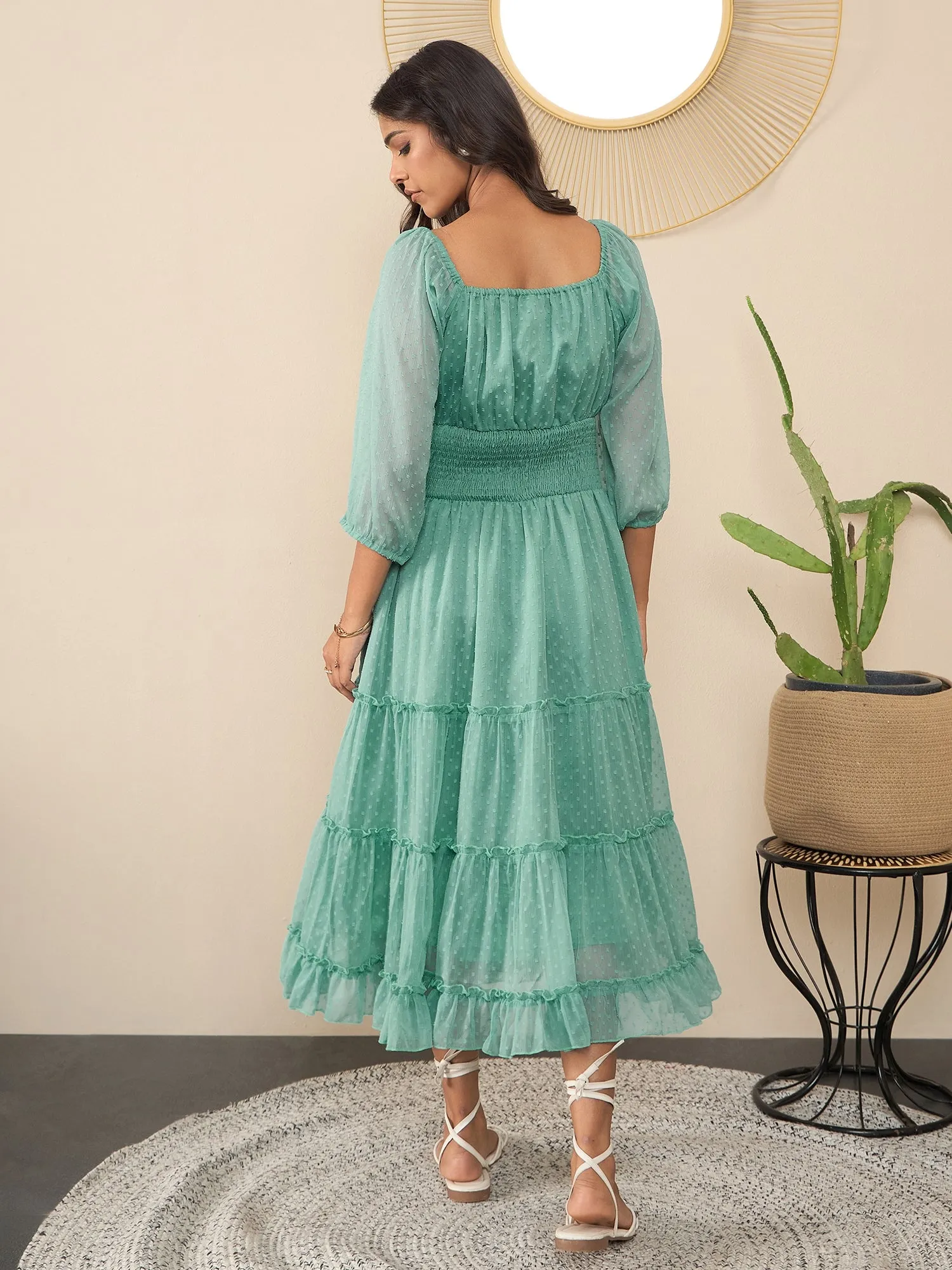 Green Polyester Lycra Peplum Style Maxi Dress