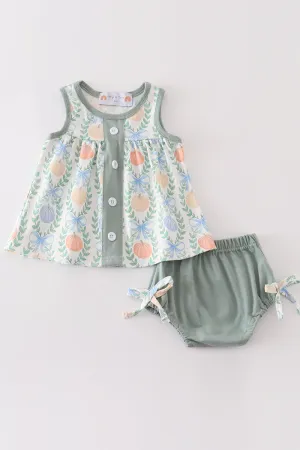 Green pumpkin bow print baby set