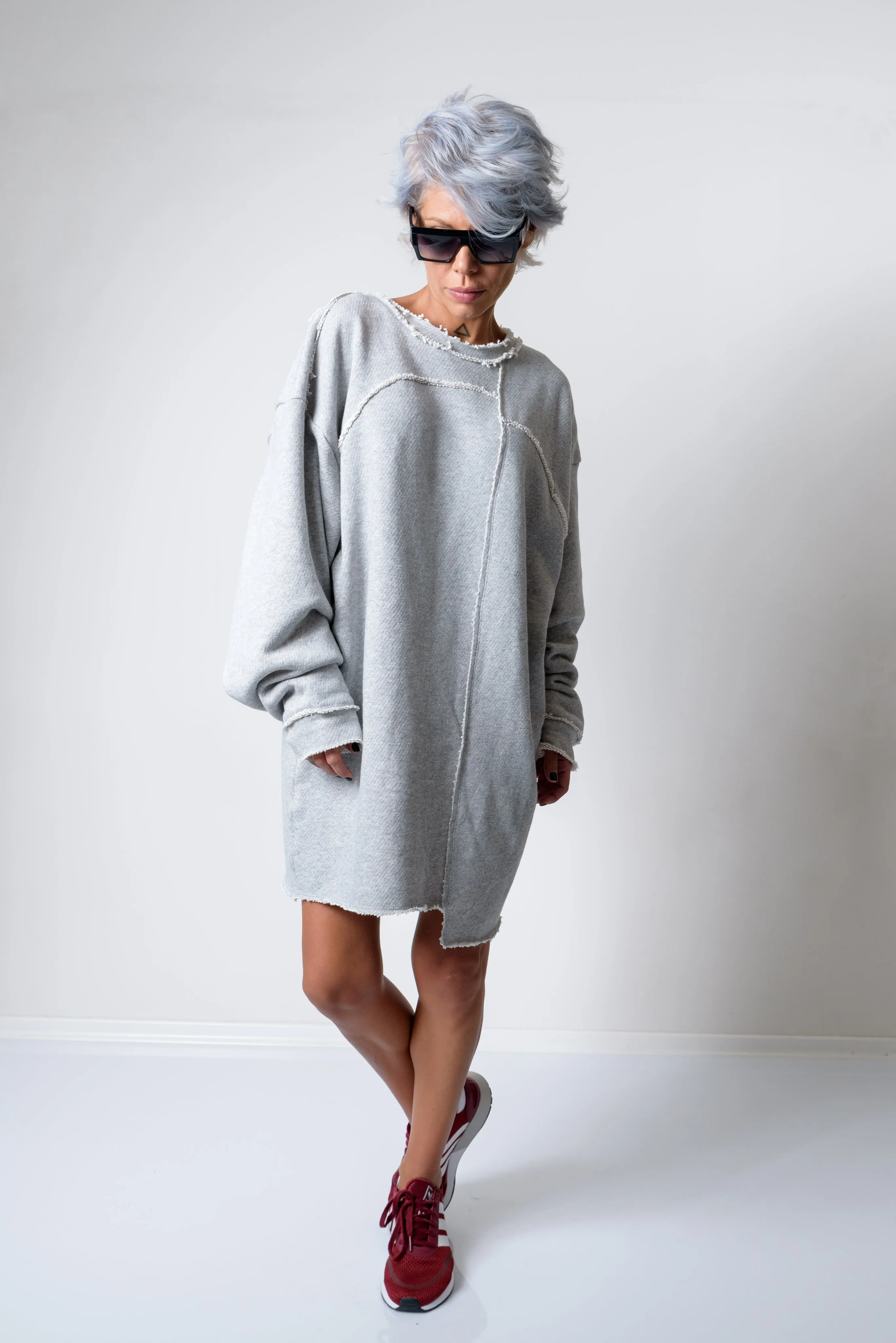 Grey Oversized Asymmetric Long Loose Sweater