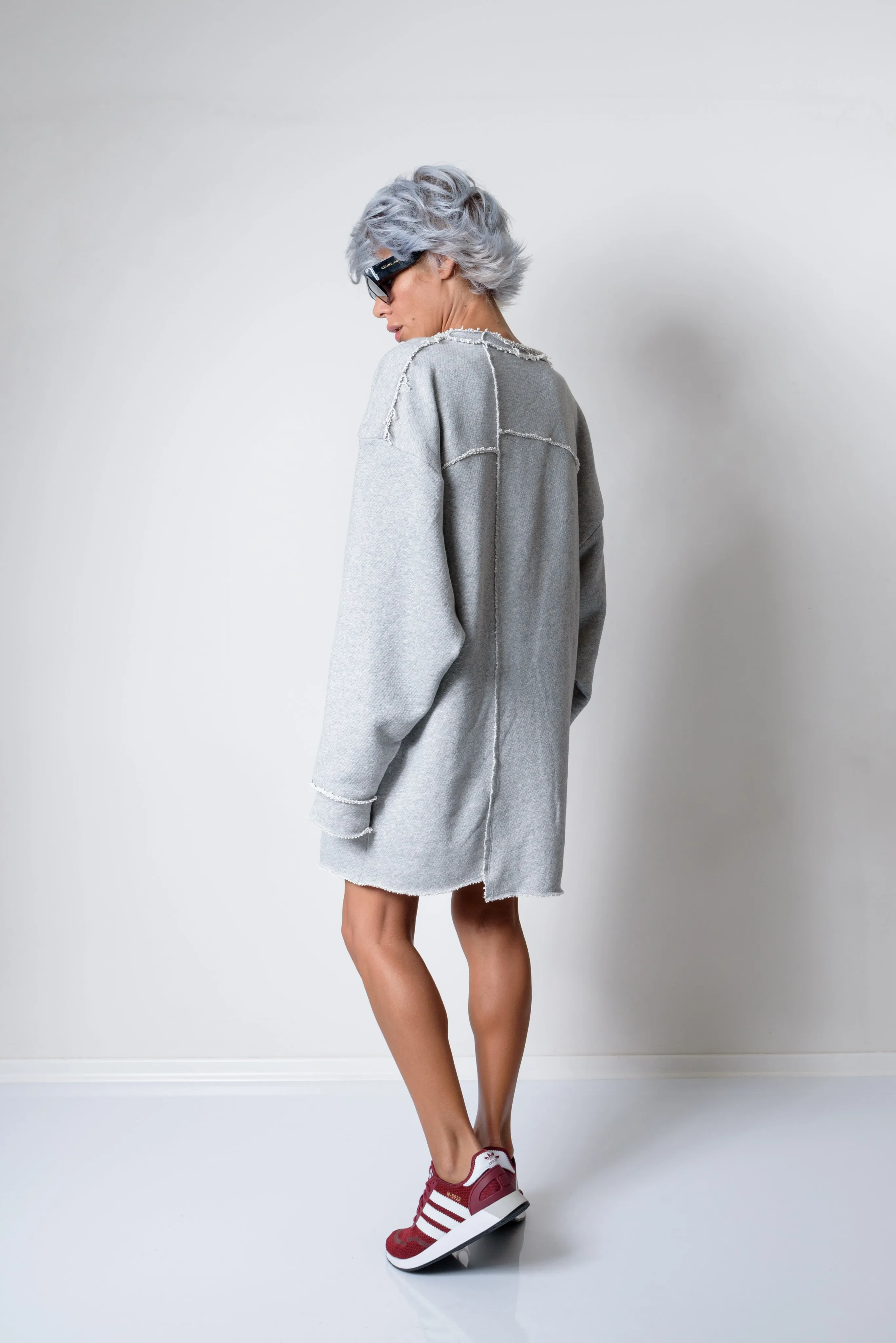 Grey Oversized Asymmetric Long Loose Sweater