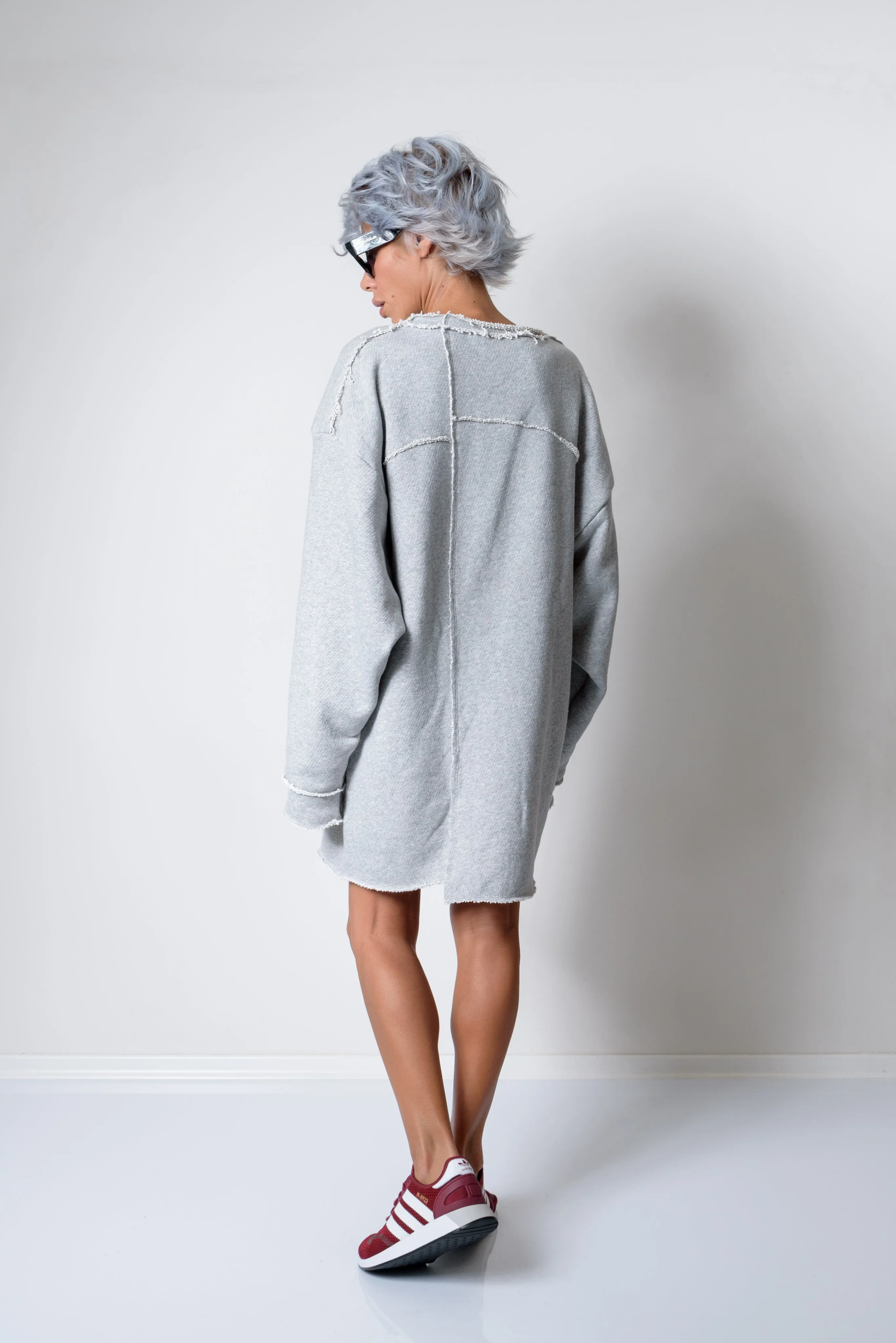 Grey Oversized Asymmetric Long Loose Sweater