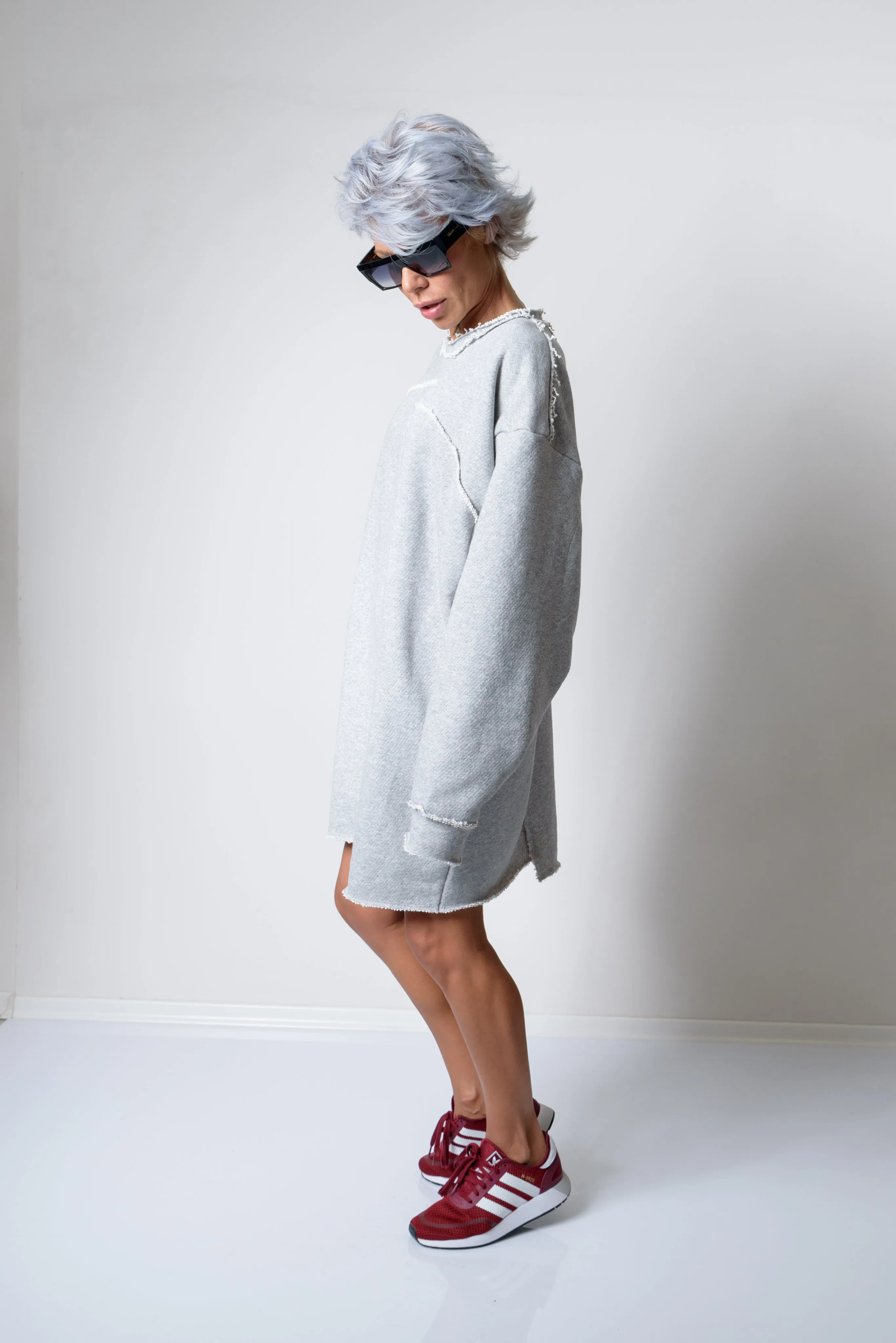 Grey Oversized Asymmetric Long Loose Sweater