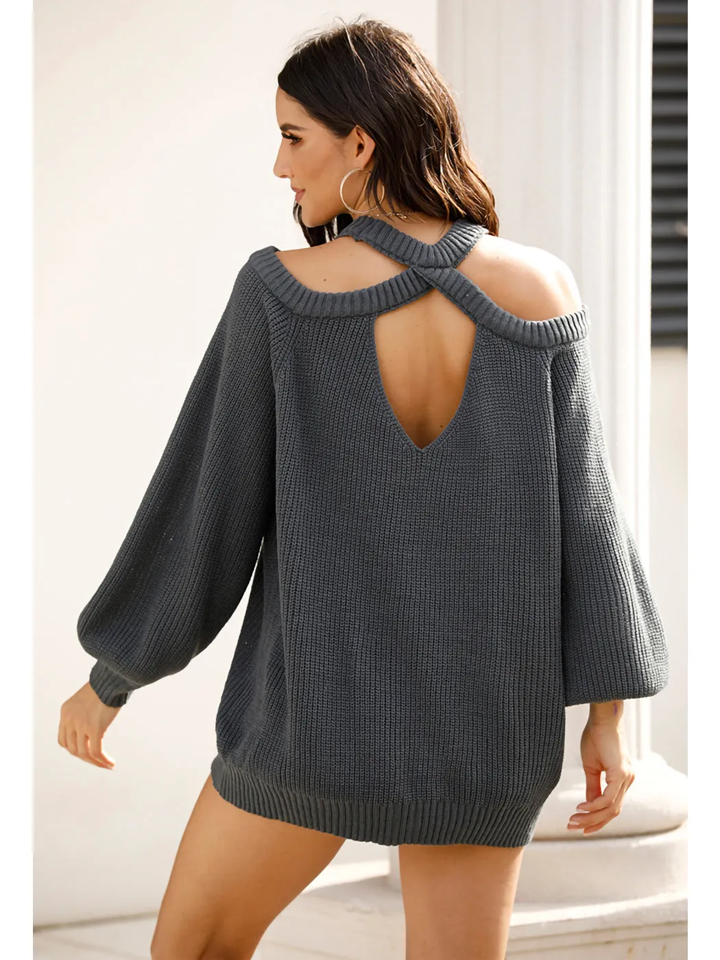 Halter Neck Knitted Pullover Sweater Off Shoulder Long Sleeve Loose Casual Blouse