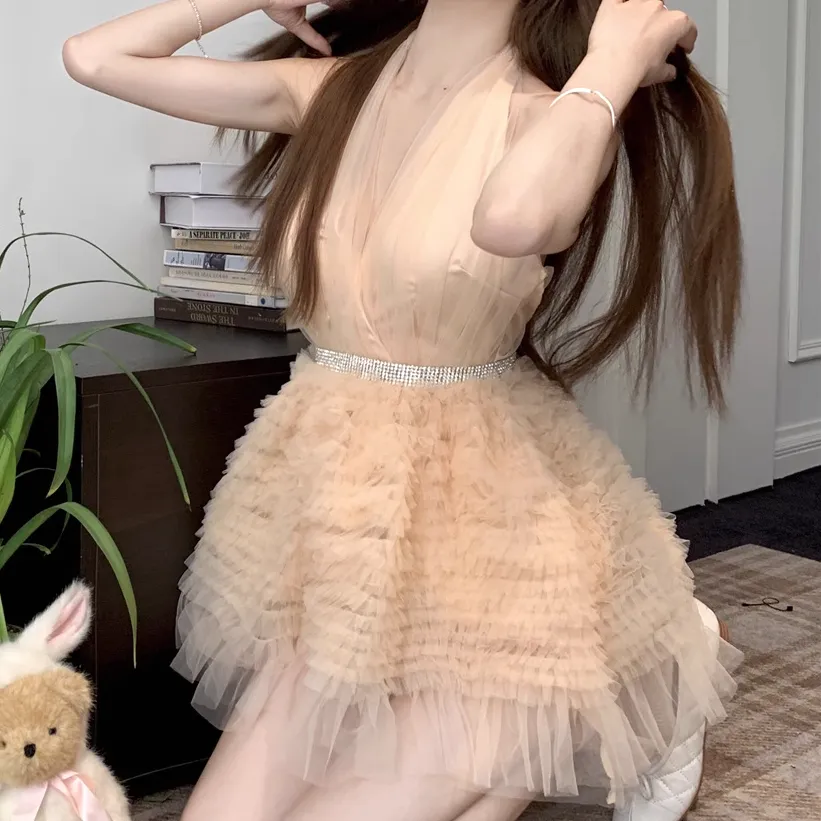 Halter Neck Net Gauze Waist Sweet Dress