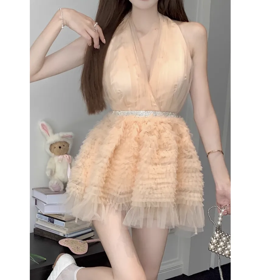 Halter Neck Net Gauze Waist Sweet Dress