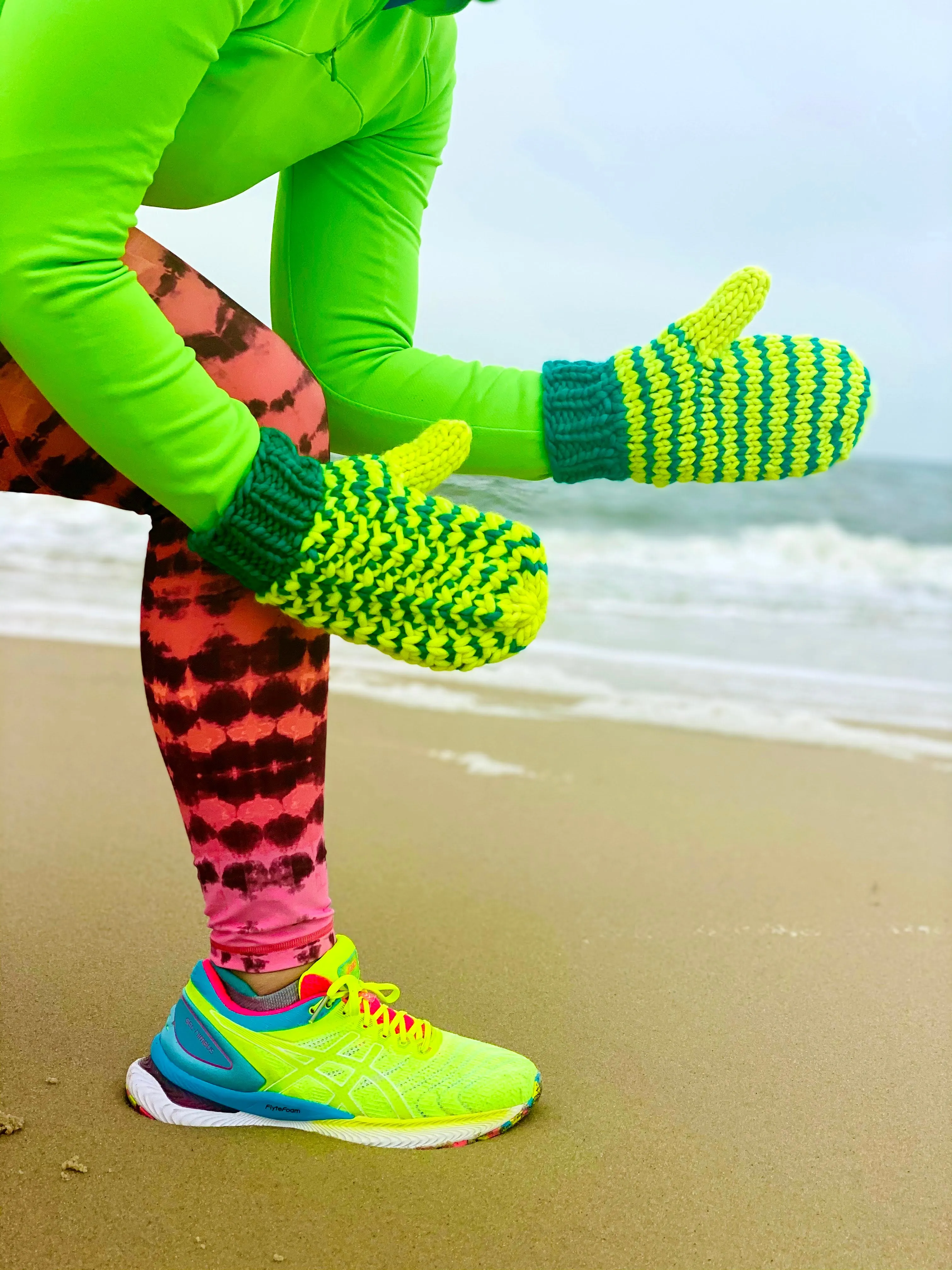 Hand knit wool mittens bright fun neon women adult warm winter fashion soft teens valentine gift