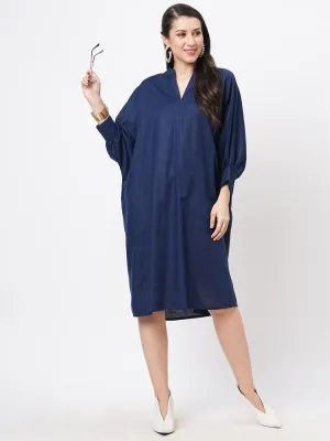 Hashtag Be Featuring a wide relaxed fit kaftan sleeve knee length dress in solid blue