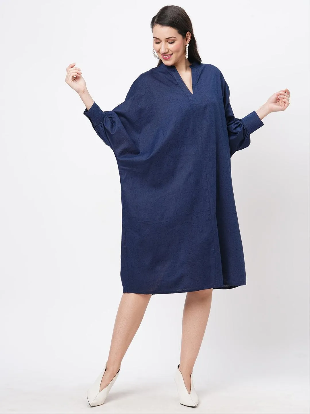 Hashtag Be Featuring a wide relaxed fit kaftan sleeve knee length dress in solid blue