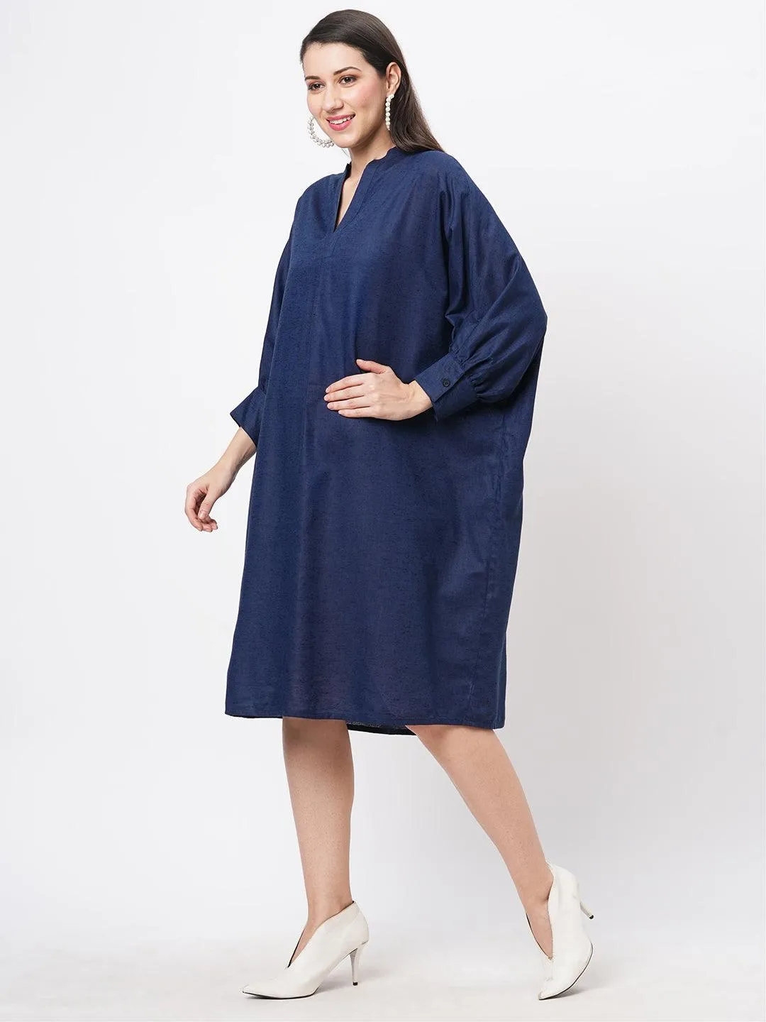 Hashtag Be Featuring a wide relaxed fit kaftan sleeve knee length dress in solid blue