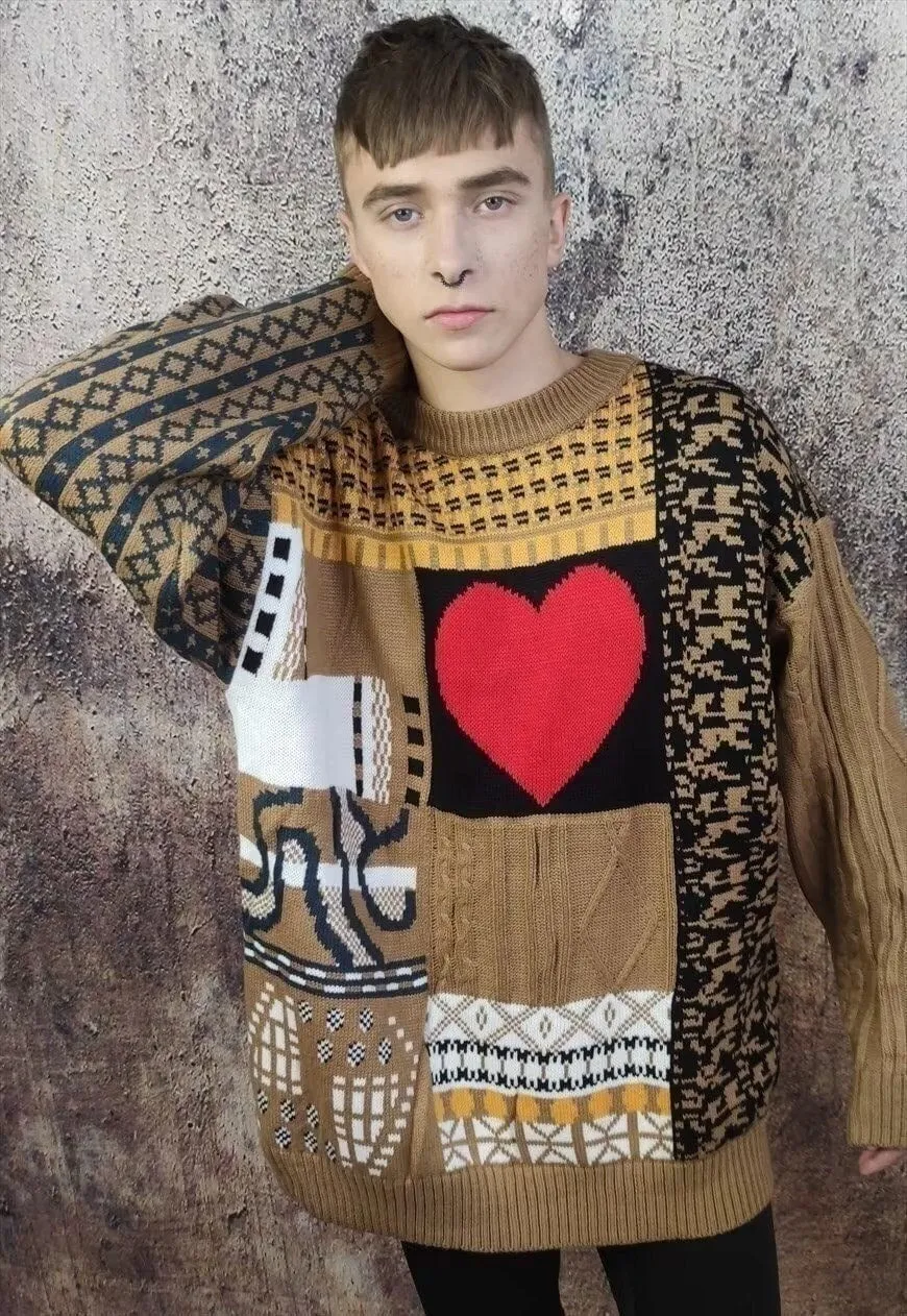 Heart pattern sweater love vintage cable knit jumper brown