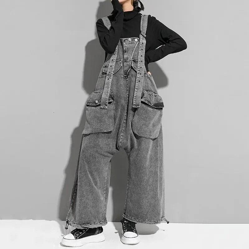HEYFANCYSTYLE Casual Gray Denim Jumpsuit