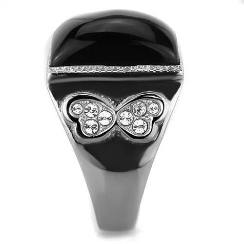 High polished (no plating) Stainless Steel Ring with Synthetic Synthetic Glass in Jet for Women Style TK1767