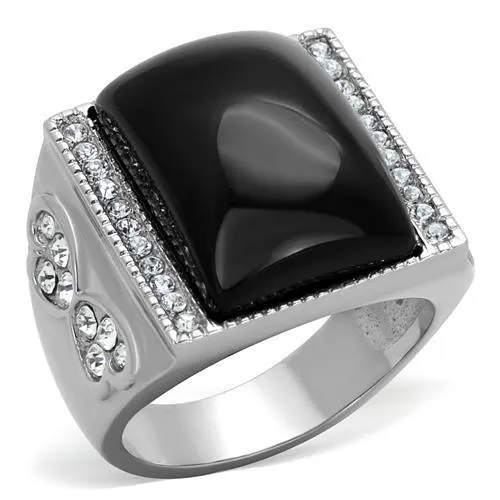 High polished (no plating) Stainless Steel Ring with Synthetic Synthetic Glass in Jet for Women Style TK1767