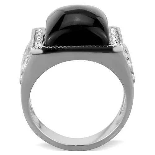 High polished (no plating) Stainless Steel Ring with Synthetic Synthetic Glass in Jet for Women Style TK1767