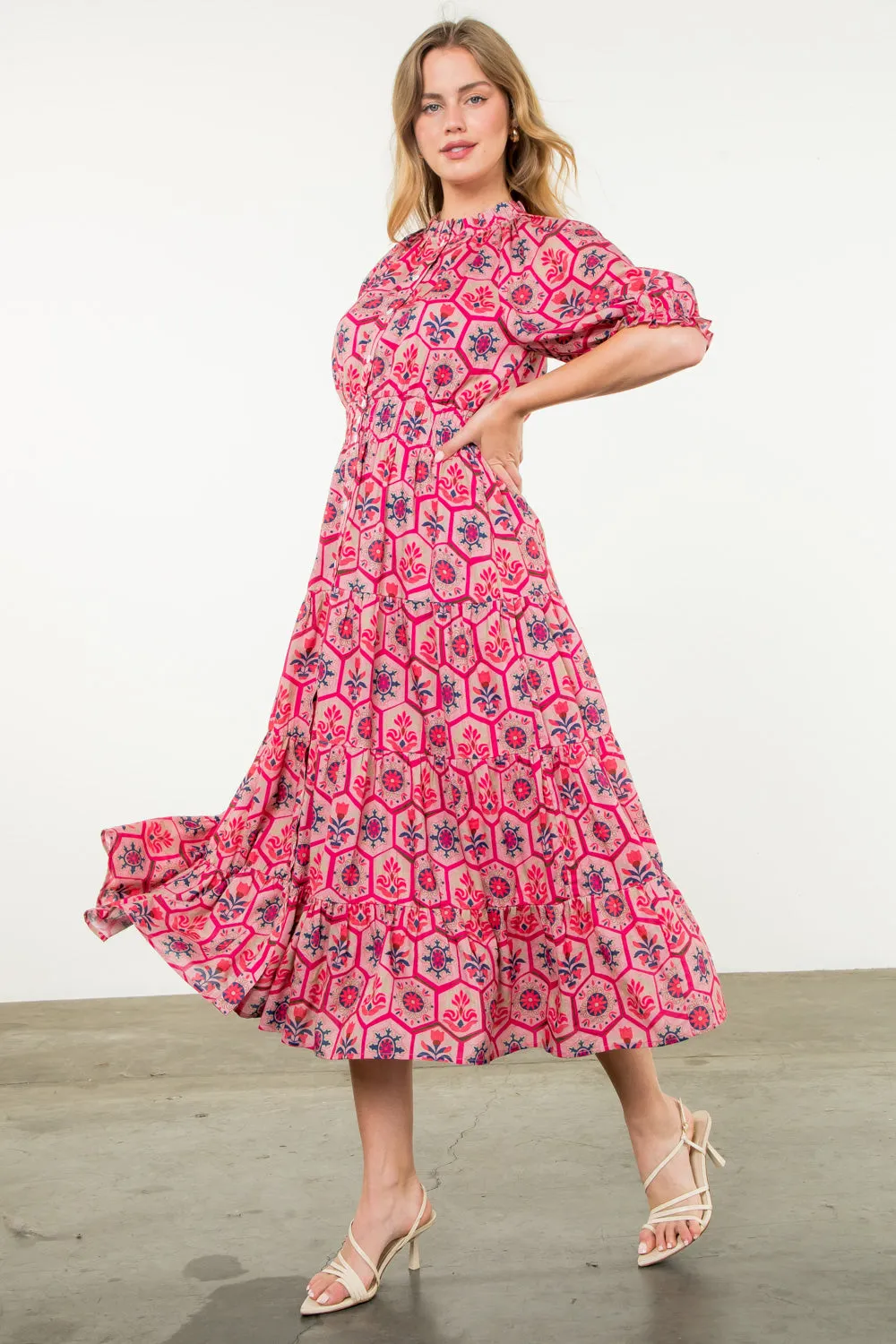 Hot Pink Textile Print Maxi Dress