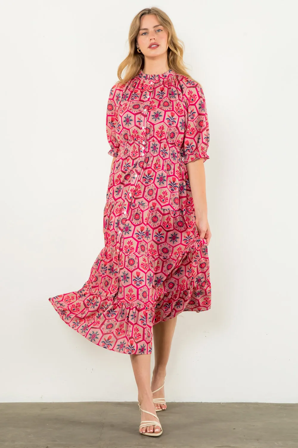 Hot Pink Textile Print Maxi Dress