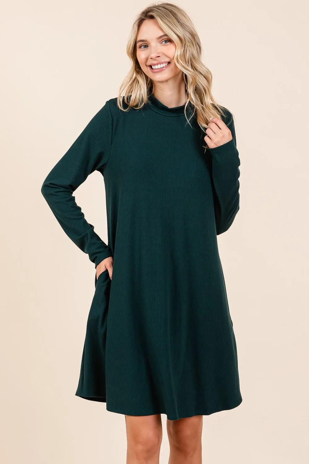 Hunter Green Mock Neck Long Sleeve Dress with Pockets