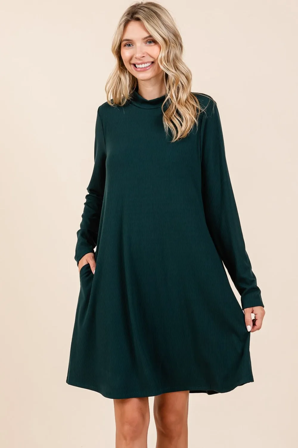 Hunter Green Mock Neck Long Sleeve Dress with Pockets