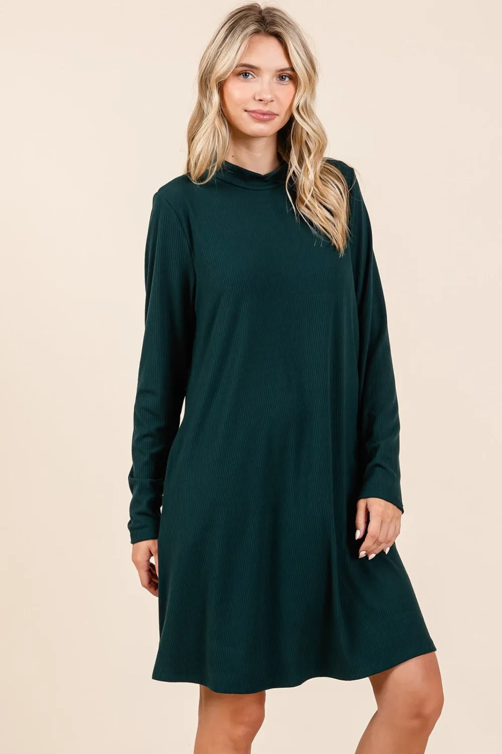 Hunter Green Mock Neck Long Sleeve Dress with Pockets