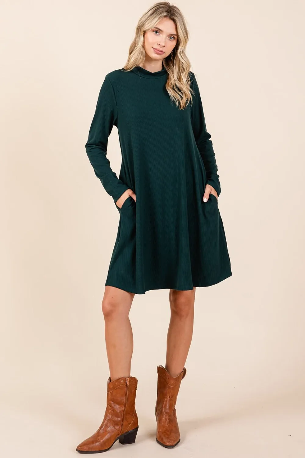 Hunter Green Mock Neck Long Sleeve Dress with Pockets