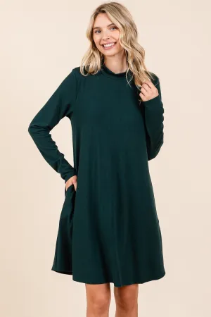 Hunter Green Mock Neck Long Sleeve Dress with Pockets
