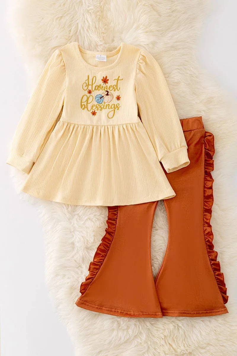 Ivory “Harvest Blessings" Tunic Top and Matching Ruffled Rust Pants