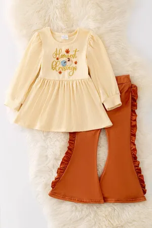 Ivory “Harvest Blessings" Tunic Top and Matching Ruffled Rust Pants