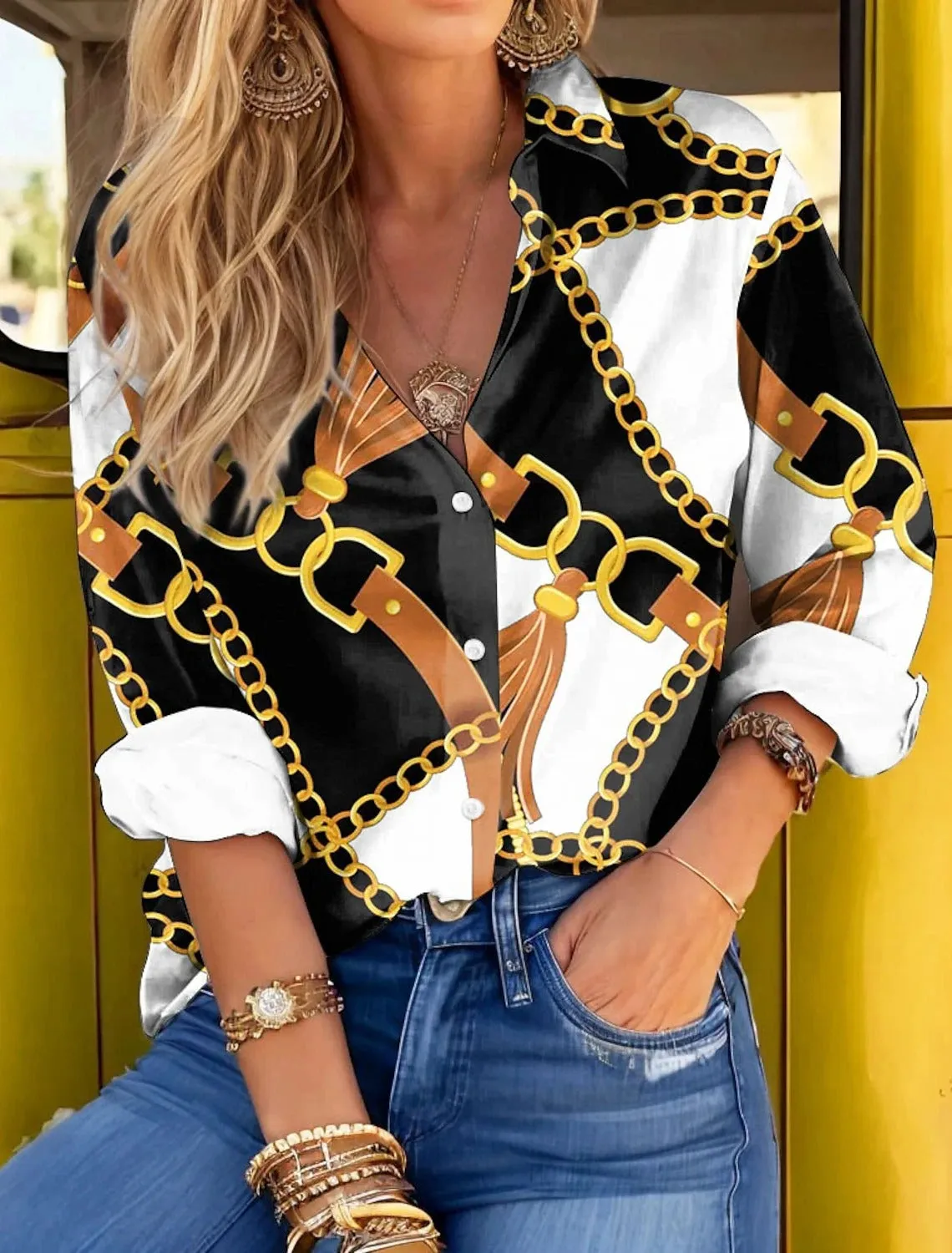 Ivyshape | Bold Leopard Print Button-Up Shirt for Women