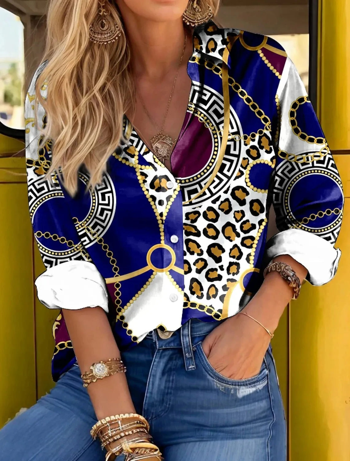 Ivyshape | Bold Leopard Print Button-Up Shirt for Women