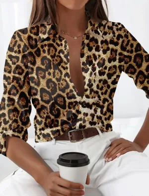 Ivyshape | Bold Leopard Print Button-Up Shirt for Women