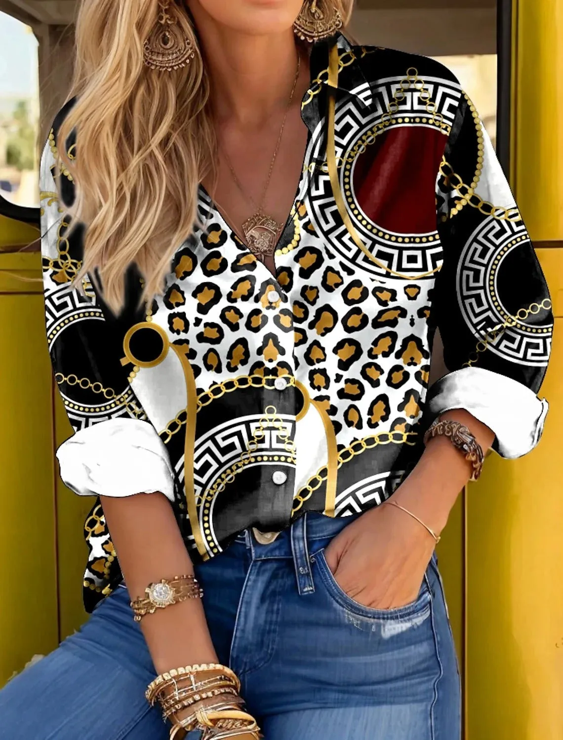 Ivyshape | Bold Leopard Print Button-Up Shirt for Women