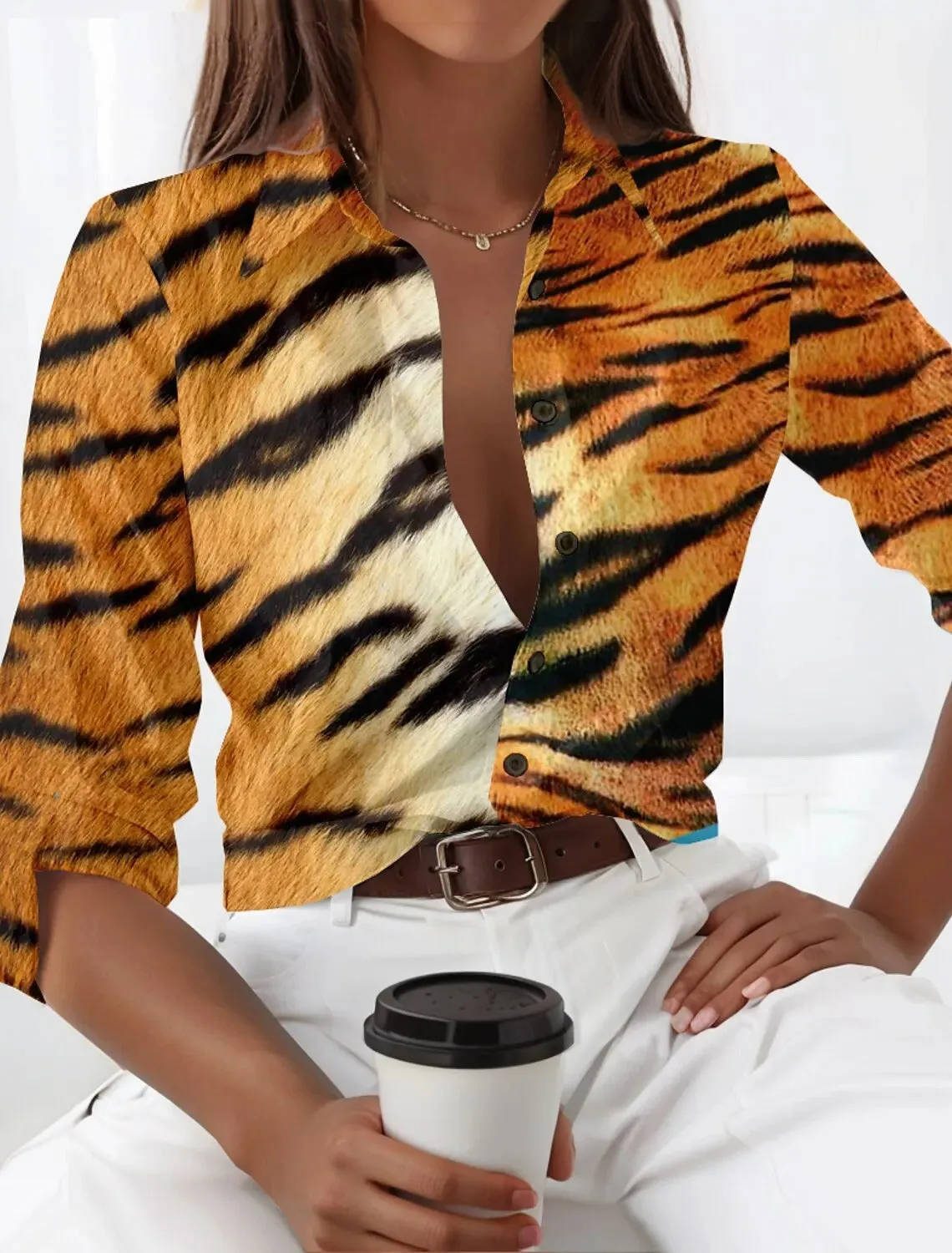 Ivyshape | Bold Leopard Print Button-Up Shirt for Women