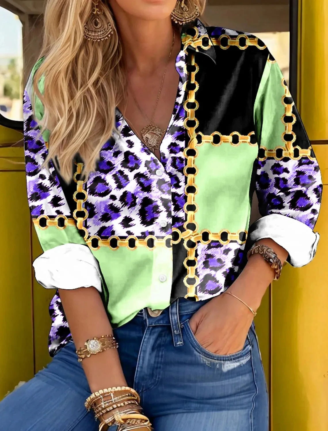 Ivyshape | Bold Leopard Print Button-Up Shirt for Women