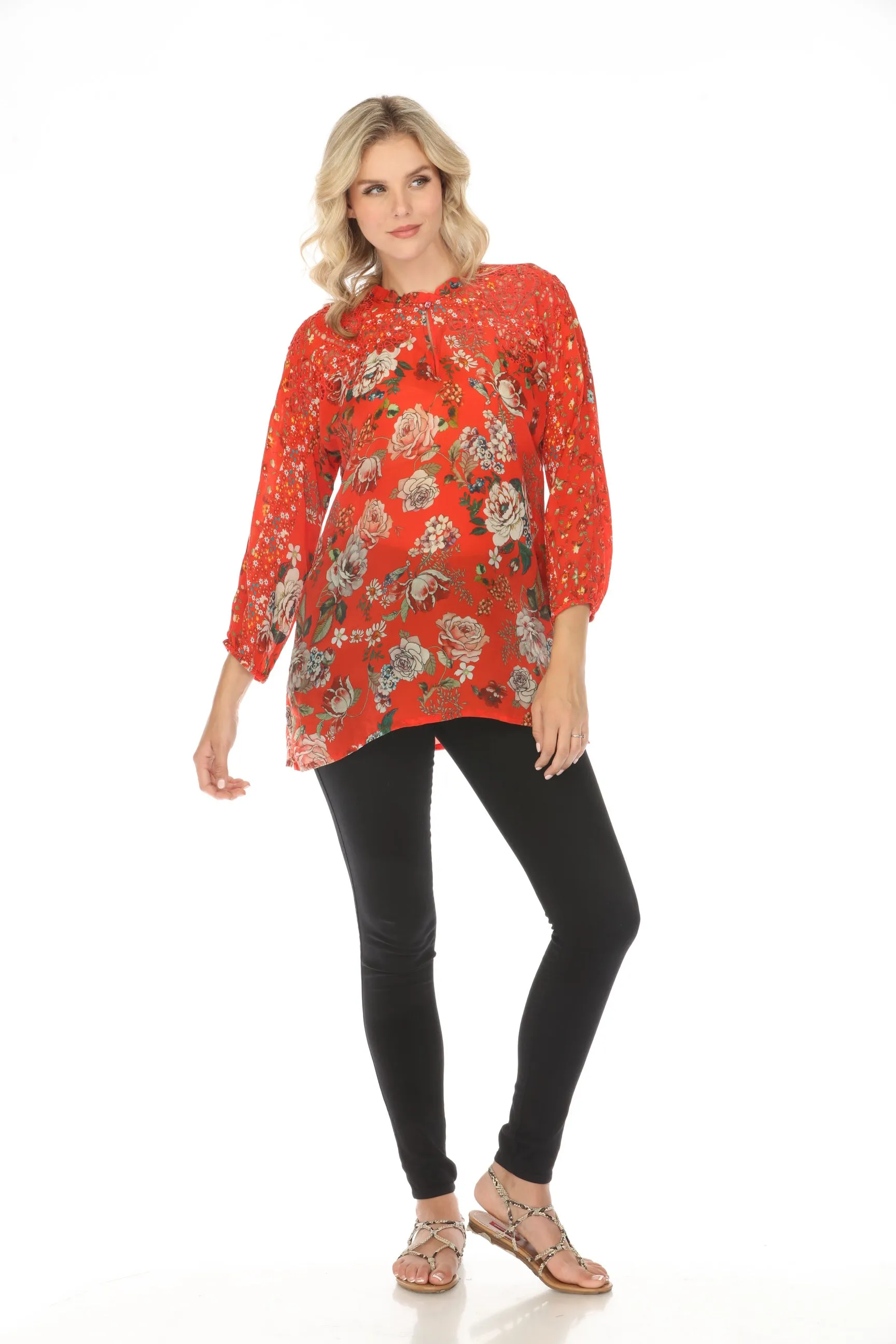 Johnny Was Red Neeka Floral Tunic Top C20424A4