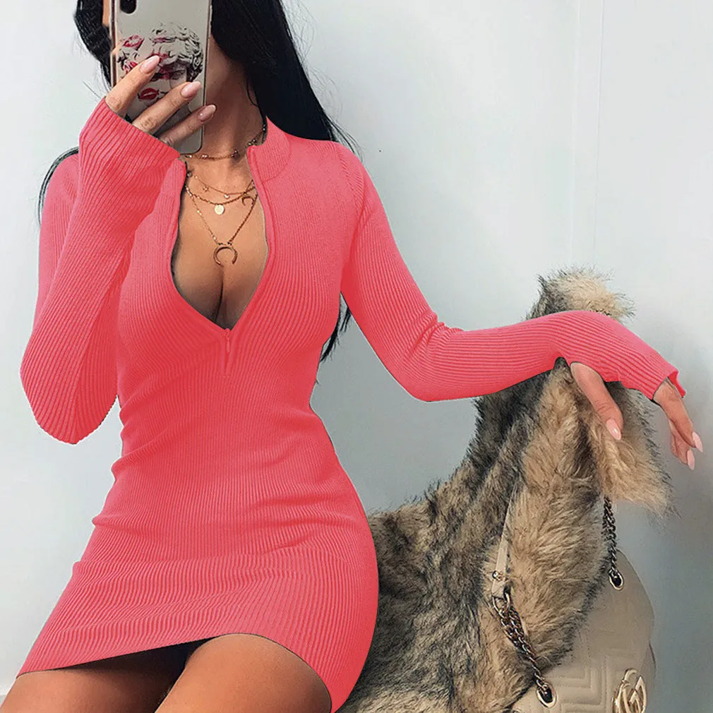 Julia Fashion - Women Dress  Fall Bodycon Ribbed Mini Dresses