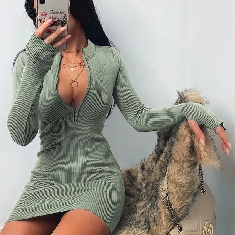 Julia Fashion - Women Dress  Fall Bodycon Ribbed Mini Dresses