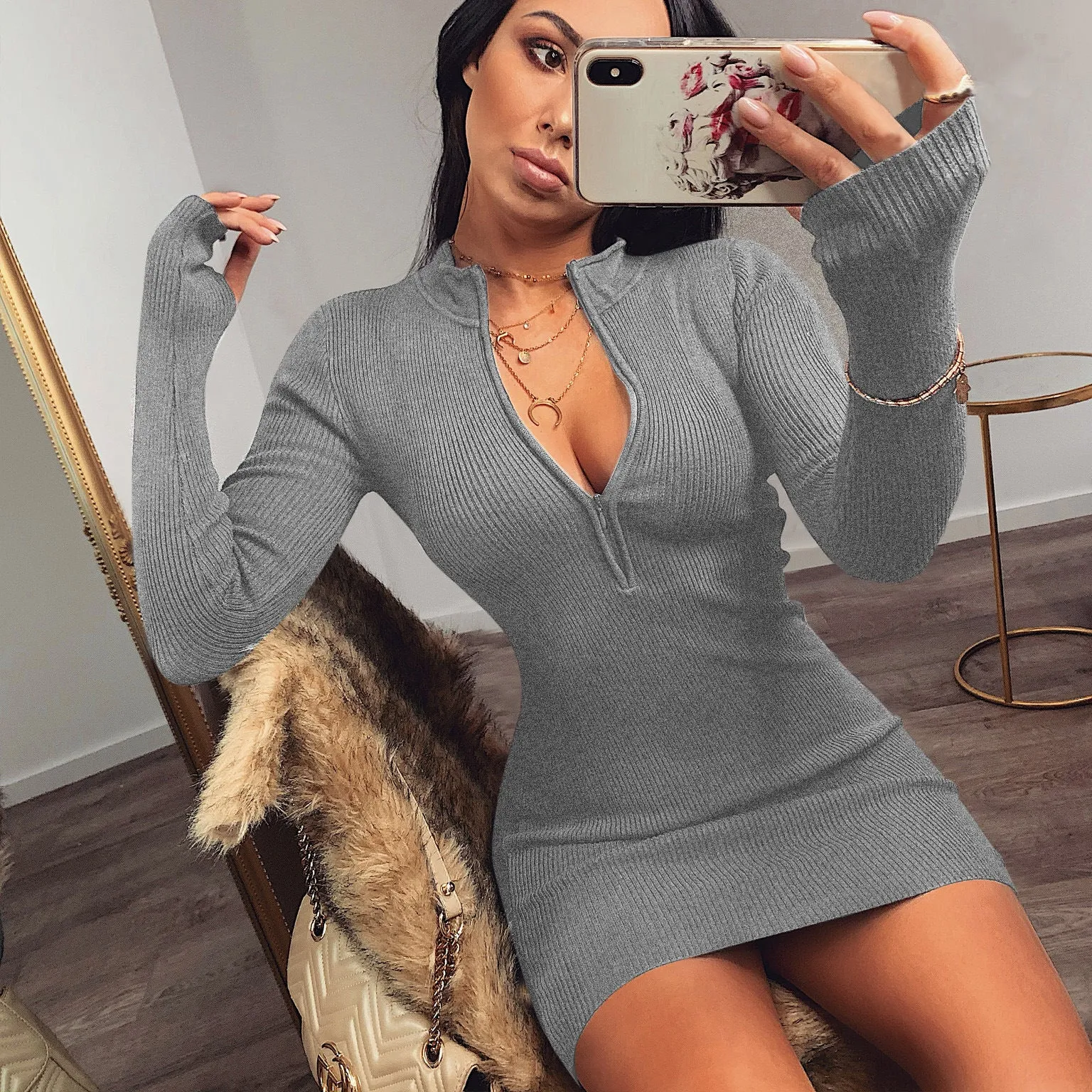 Julia Fashion - Women Dress  Fall Bodycon Ribbed Mini Dresses