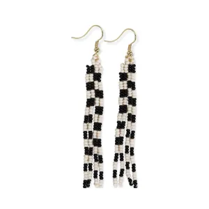 June Mini Checked Pattern Petite Beaded Fringe Earrings Black/White