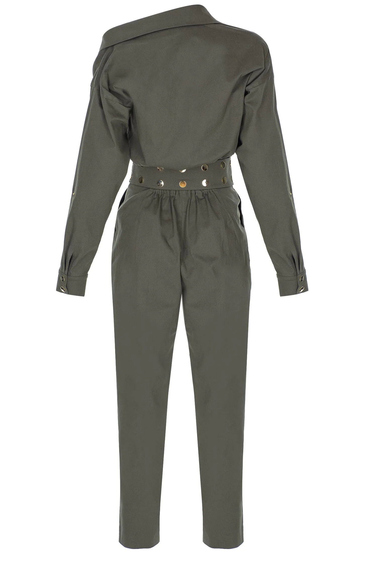 Khaki Asymmetric-Neck, Long-Sleeved, Belt-Detailed Canvas Jumpsuit