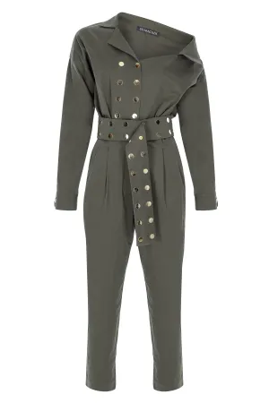 Khaki Asymmetric-Neck, Long-Sleeved, Belt-Detailed Canvas Jumpsuit