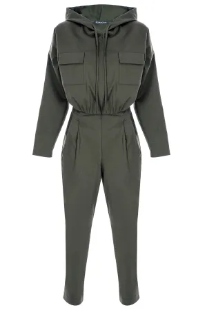 Khaki Long-Sleeved, Hooded Canvas Jumpsuit