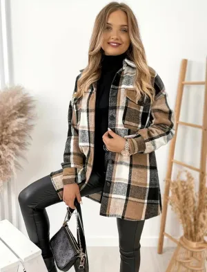 Khaki Plaid Print Casual Long Sleeve Shacket Jacket
