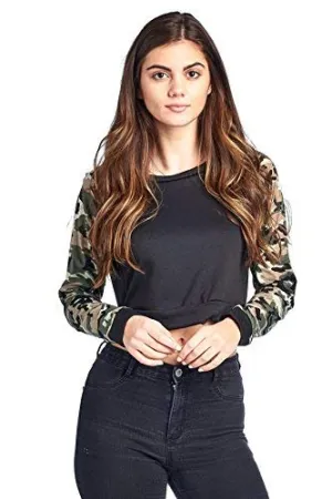 Khanomak Long Sleeve Round Neck Camo Contrast Sleeves Cropped Sweatshirt Top