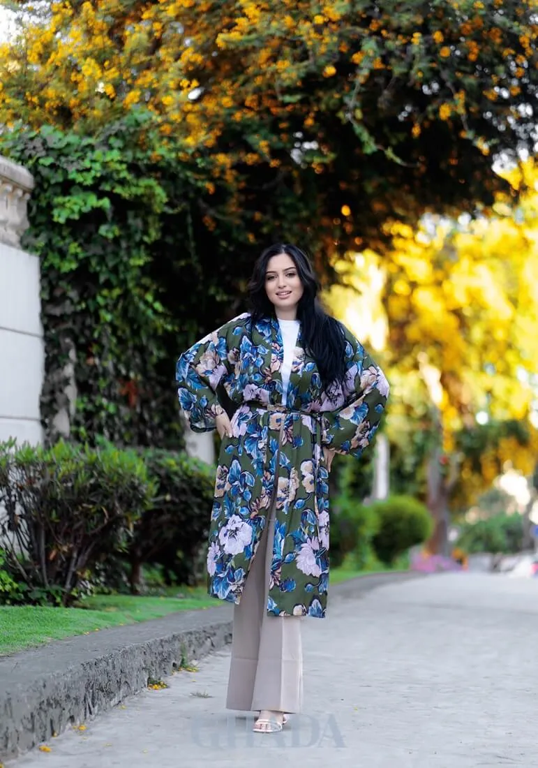 Kimono imprimée floral en vert