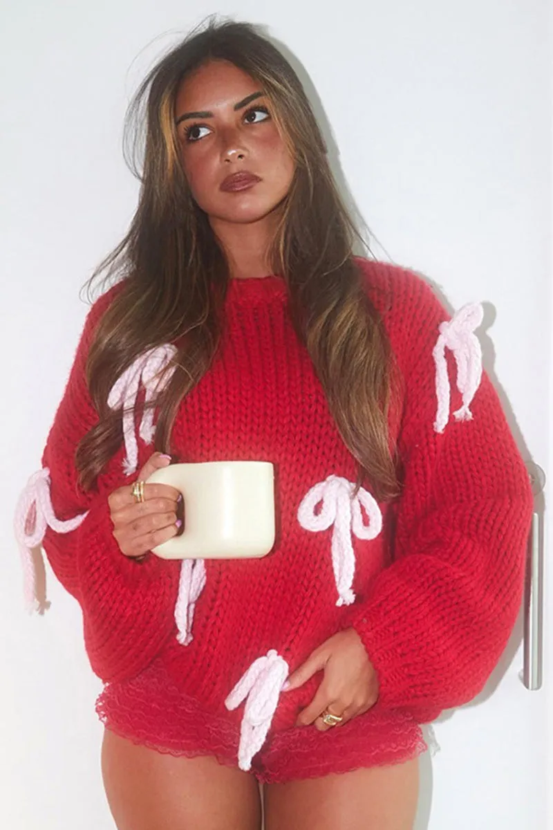 Knit Bow Design Christmas Overside Sweater