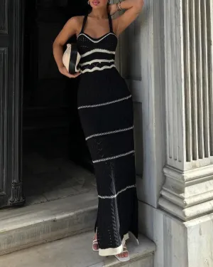Knitted Contrast Color Bohemian Suspender Hollow Bodycon Long Dress