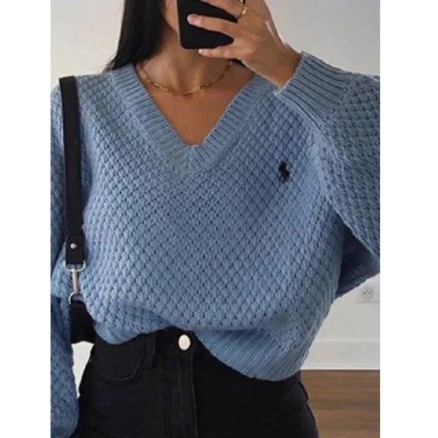 Knitted Loose Women Sweater Solid Casual V Neck Long Sleeve Pullover Sweaters Autumn Winter Embroidery Sweater Oversize Top